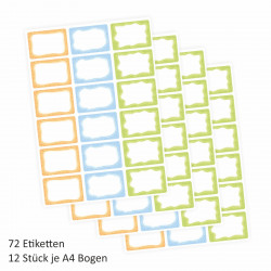 72 Blanko Etiketten bunt orange blau grün - 64 x 45 mm - Namensetiketten Junge Mädchen