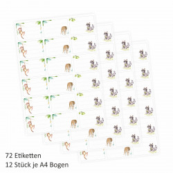 72 Blanko Etiketten Tiere Affe, Tiger und Waschbär - 64 x 45 mm - Namensetiketten Junge