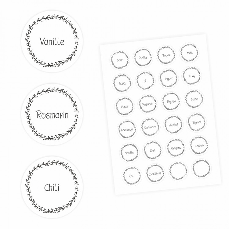 24 Gewürzetiketten - weiß/schwarz - 22 beschriftet 2 blanko - rund 4 cm Ø - Küchen Aufkleber Sticker