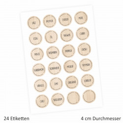 24 Gewürzetiketten - Holzoptik - 22 beschriftet 2 blanko - rund 4 cm Ø - Küchen Aufkleber Sticker