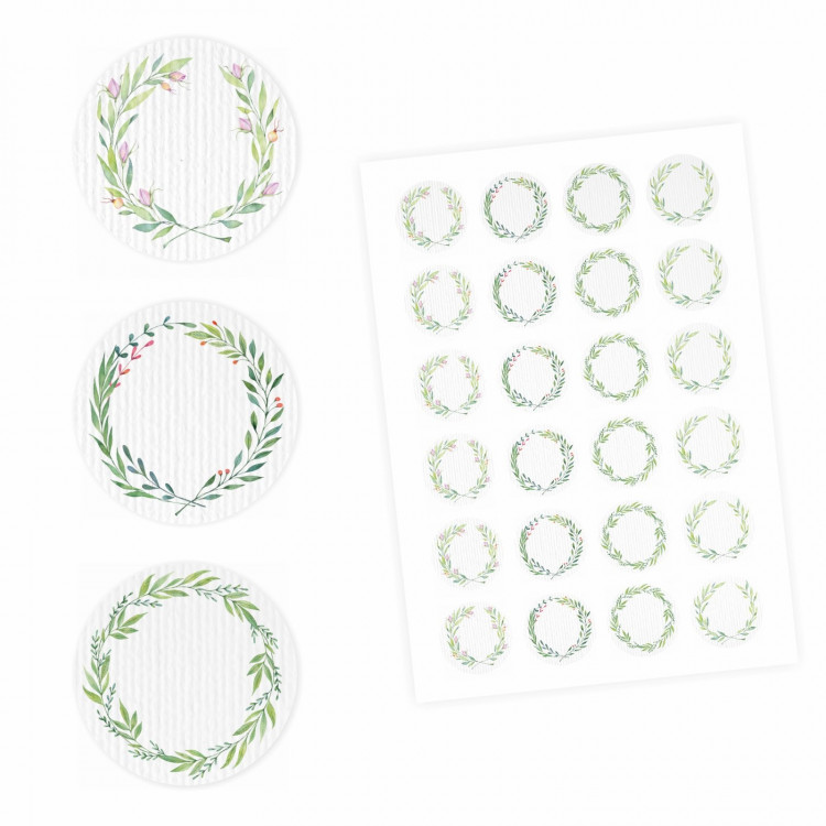 24 Universaletiketten - Blumenranke grün - rund 4 cm Ø - Haushaltsetiketten Sticker Aufkleber