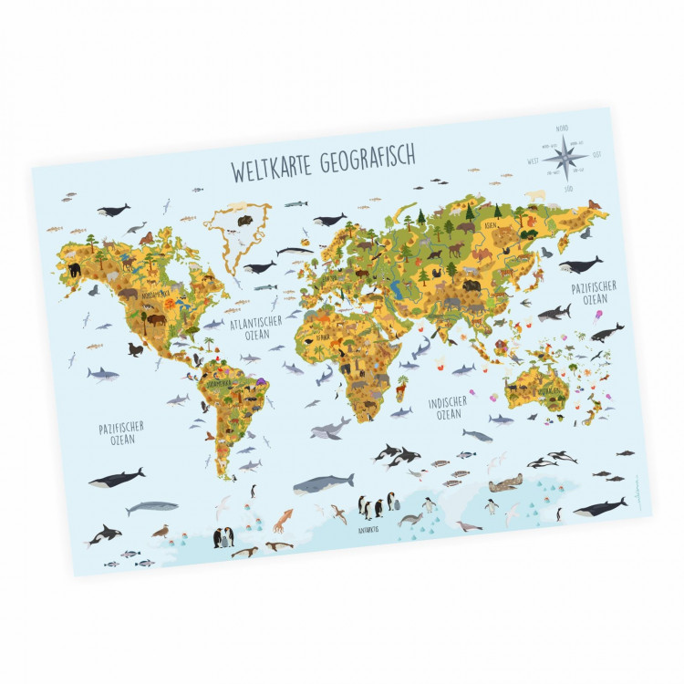 Kinder Lernposter Weltkarte Tiere geografisch - Wanddeko Kinderzimmer