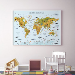 Kinder Lernposter Weltkarte Tiere geografisch - Wanddeko Kinderzimmer