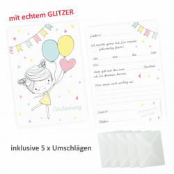 5 Einladungskarten Mädchen mit Luftballons mit GLITZER inkl. 5 transparenten Briefumschlägen Kindergeburtstag Mädchene Einladung