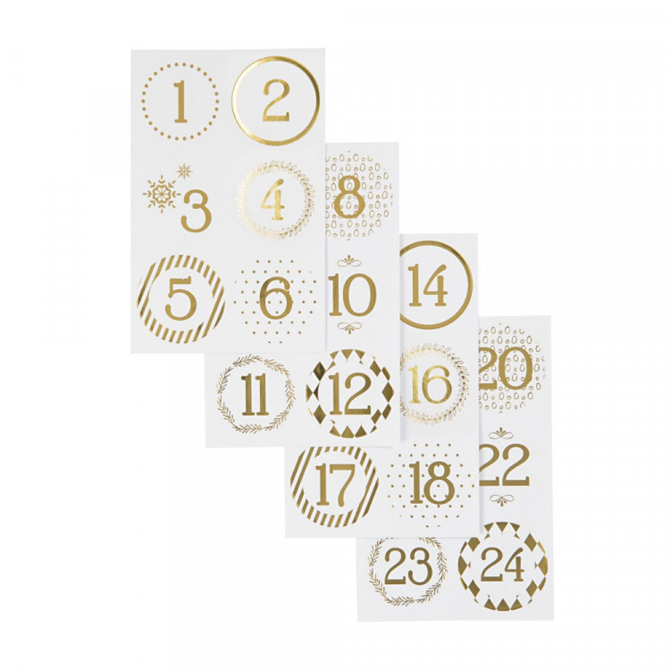 24 Zahlen Aufkleber GOLD - rund 4 cm Ø - Adventskalender DIY Kalenderzahlen