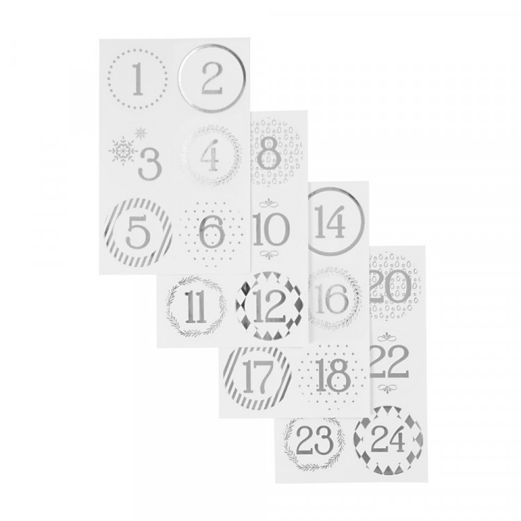 24 Zahlen Aufkleber SILBER - rund 4 cm Ø - Adventskalender DIY Kalenderzahlen