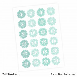 24 Adventskalender Zahlen Aufkleber MINT - rund 4 cm Ø - Sticker Weihnachten zum basteln dekorieren DIY
