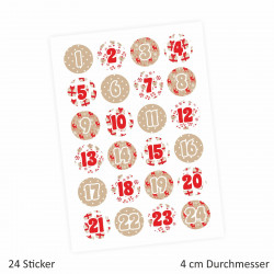24 Adventskalender Zahlen Aufkleber ROT/BEIGE - rund 4 cm Ø - Sticker Weihnachten zum basteln dekorieren DIY