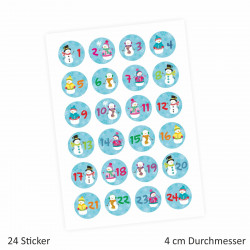 24 Adventskalender Zahlen Aufkleber Schneemann - rund 4 cm Ø - Sticker Weihnachten zum basteln dekorieren DIY