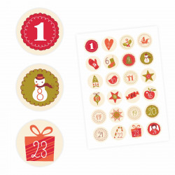 24 Adventskalender Zahlen Aufkleber BEIGE Retro - rund 4 cm Ø - Sticker Weihnachten zum basteln dekorieren DIY