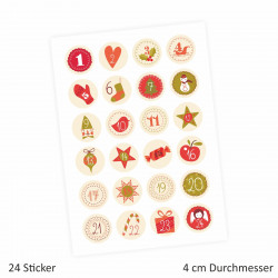24 Adventskalender Zahlen Aufkleber BEIGE Retro - rund 4 cm Ø - Sticker Weihnachten zum basteln dekorieren DIY