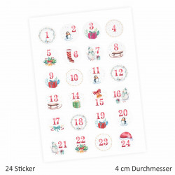 24 Adventskalender Zahlen Aufkleber Aquarell - rund 4 cm Ø - Sticker Weihnachten zum basteln dekorieren DIY