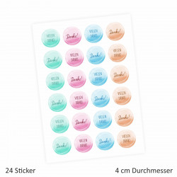 24 Vielen Dank! Aufkleber - Aquarell pastell - rund 4 cm Ø - Dankeaufkleber Sticker Hochzeit Gastgeschenk