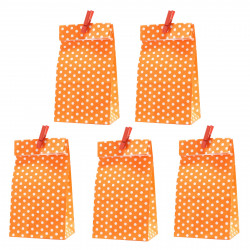 5 Papiertüten orange Punkte inkl. 5 Dekoklammern| H 18 cm - 6 x 9 cm | Geschenktüten Kindergeburtstag Gastgeschenk DIY