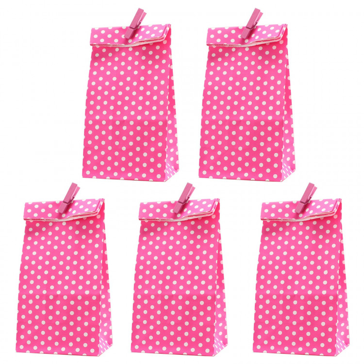 5 Papiertüten pink Punkte inkl. 5 Dekoklammern| H 18 cm - 6 x 9 cm | Geschenktüten Kindergeburtstag Gastgeschenk DIY