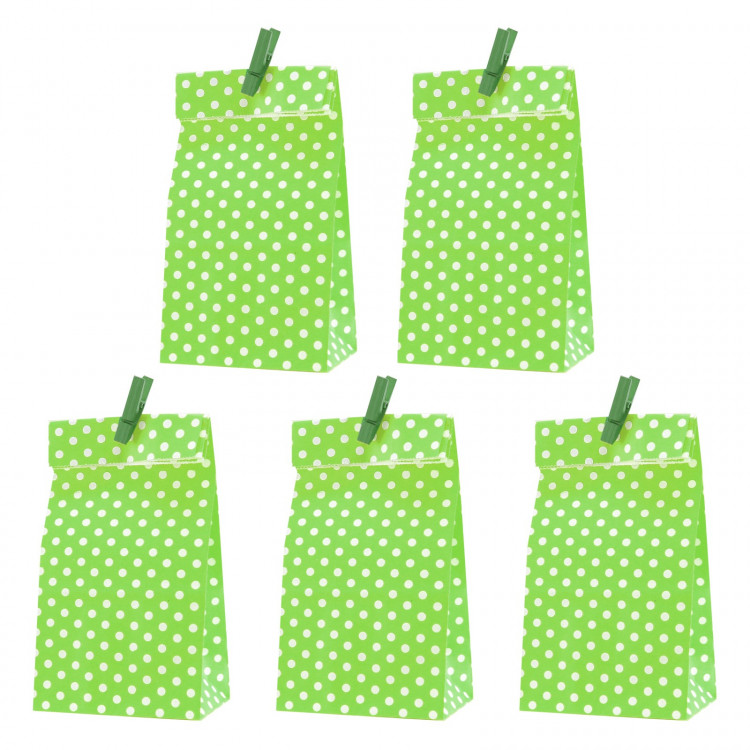 5 Papiertüten grün Punkte inkl. 5 Dekoklammern| H 18 cm - 6 x 9 cm | Geschenktüten Kindergeburtstag Gastgeschenk DIY