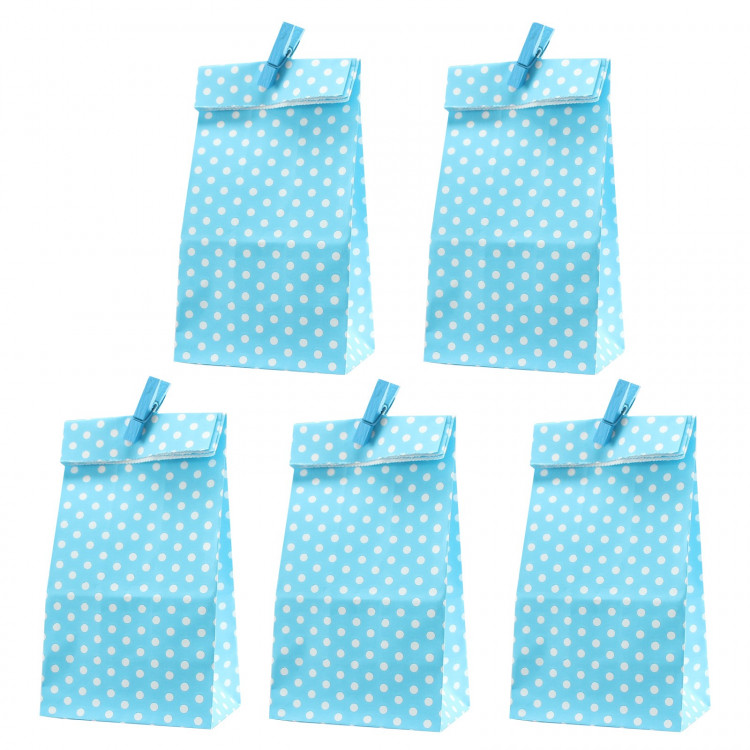 5 Papiertüten blau Punkte inkl. 5 Dekoklammern H 18 cm - 6 x 9 cm Geschenktüten Kindergeburtstag Gastgeschenk DIY