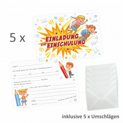 5 coole Einladungskarten Einschulung Kinder inkl. 5 transparenten Briefumschlägen Mädchen Junge
