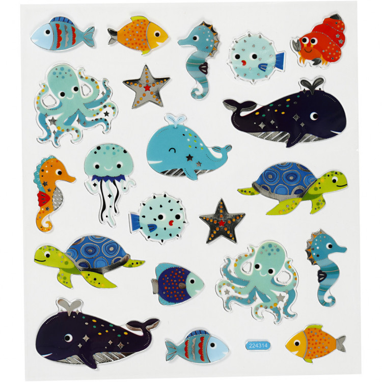Meerestiere Sticker mit Silberdetails - Blatt 15 x 16,5 cm - Deko Aufkleber Stickerbogen