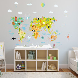 173 Wandtattoo Weltkarte mit Tieren - Kinderzimmer Wanddeko