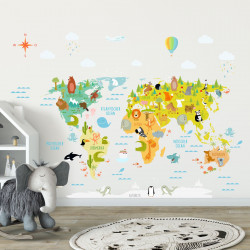173 Wandtattoo Weltkarte mit Tieren - Kinderzimmer Wanddeko