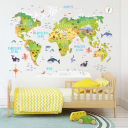 174 Wandtattoo Weltkarte mit Tieren 3D - Kinderzimmer Wanddeko