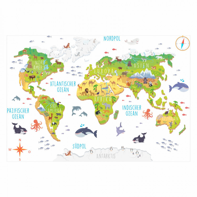 174 Wandtattoo Weltkarte mit Tieren - Kinderzimmer Wanddeko