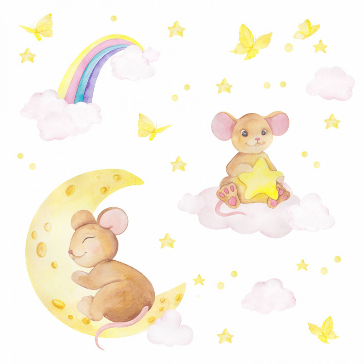 192 Wandtattoo Maus mit Mond und Wolke - Aquarell Regenbogen, Sterne