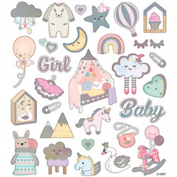 Babysticker Mädchen mit Silber Metalliceffekt - Blatt 15 x 16,5 cm - Girl Rosa Aufkleber Stickerbogen