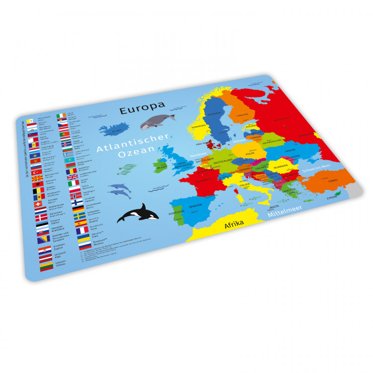 stabiles Vinyl Tischset - Europa mit Flaggen und Hauptstädten Kinder Platzset abwaschbar