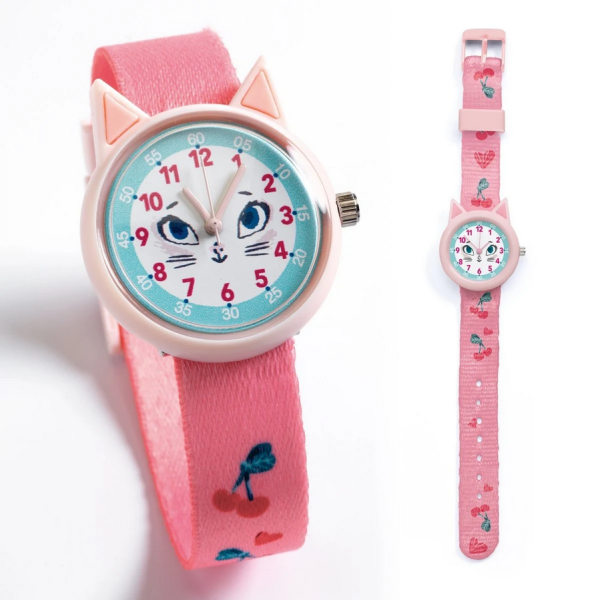 DJECO Armbanduhr Katze rosa Uhr Lesen Lernen