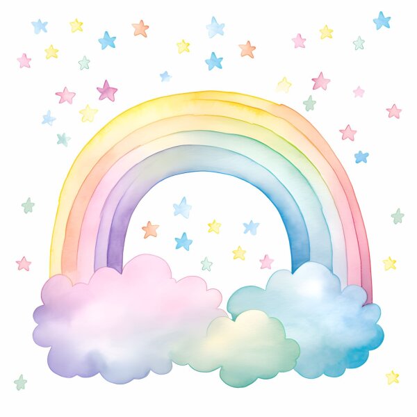 252 Wandtattoo Regenbogen pastell mit Wolken und Sternen in 4 vers. Größen