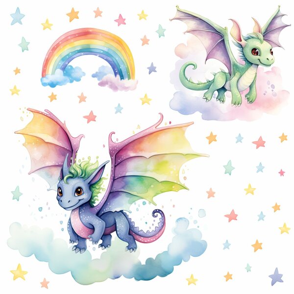 255 Wandtattoo bunte Drachen mit Regenbogen und Sternen in 6 vers. Größen