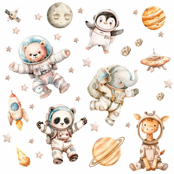 267 Wandtattoo süße Weltraum Tiere Astronauten Aquarell Watercolor in 6 vers. Größen