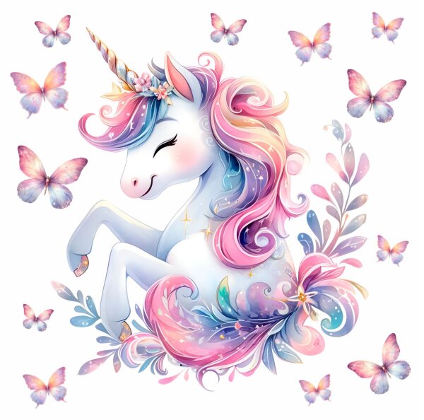 248 Wandtattoo Einhorn mit Schmetterlingen - Größe 750 x 750 mm