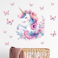 248 Wandtattoo Einhorn mit Schmetterlingen - Größe 750 x 750 mm