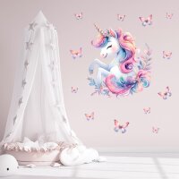 248 Wandtattoo Einhorn mit Schmetterlingen - Größe 750 x 750 mm