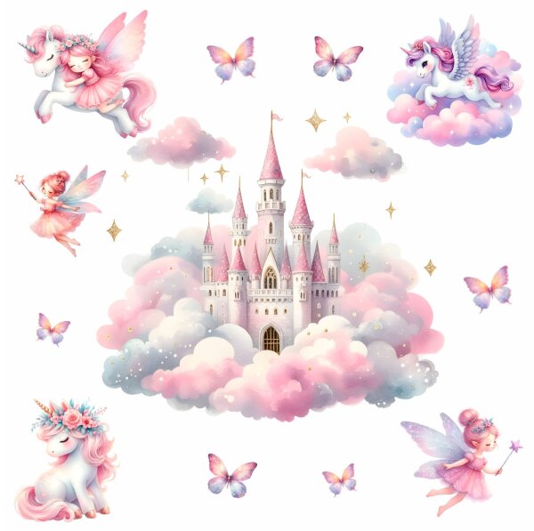 262 Wandtattoo Schloss auf Wolken mit Feen -  Größe 1500 x 840 mm