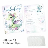10 Einladungskarten Dino Mädchen inkl. 10 Umschlägen