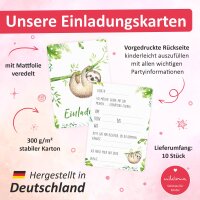 10 Einladungskarten Faultier für Kindergeburtstag