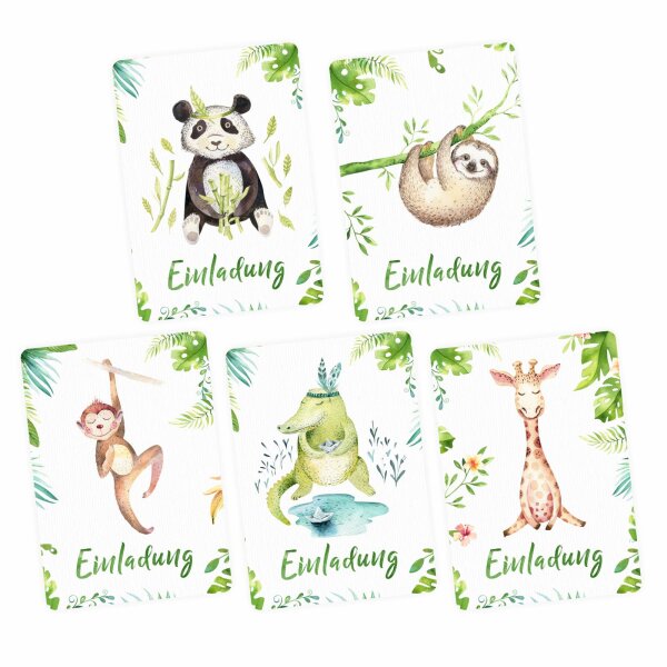 10 Einladungskarten SET Affe, Krokodil, Giraffe, Faultier, Panda für Kindergeburtstag