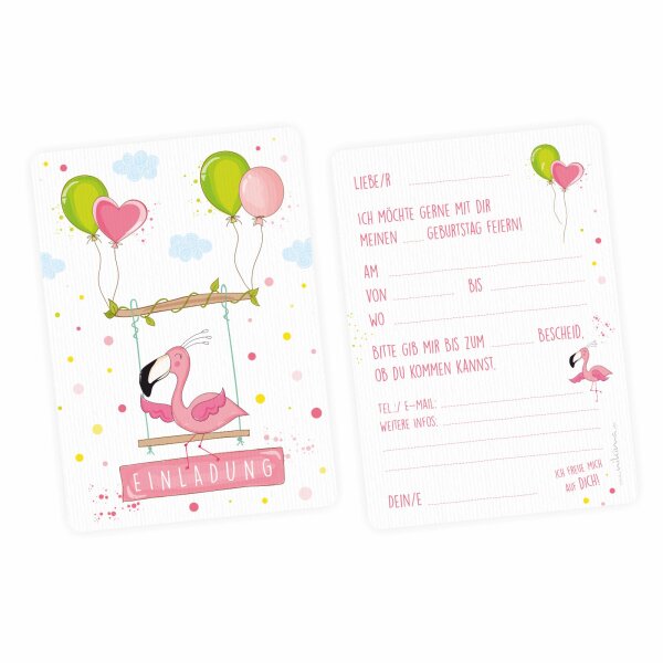10 Einladungskarten mit Glitzer Flamingo für Kindergeburtstag