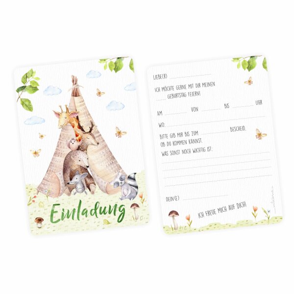 10 Einladungskarten mit Mattfolie Tipi Tiere für Kindergeburtstag