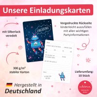 10 Einladungskarten mit Silberlack Roboter für Kindergeburtstag