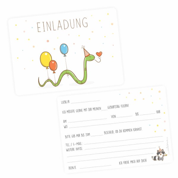 10 Einladungskarten mit Mattfolie Schlange Luftballon für Kindergeburtstag