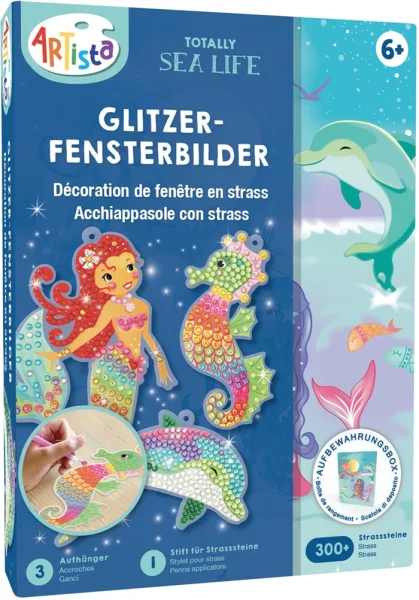 ARTISTA Glitzer Fensterbilder Unterwasserwelt - – 3 selbstklebende Motive mit Strasssteinen | Meerjungfrau, Delfin, Seepferdchen