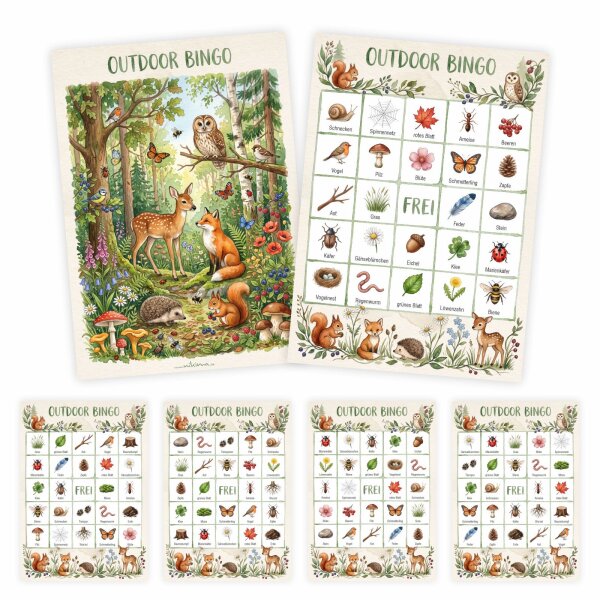 Outdoor Bingo – 10 Bingokarten für Kinder | Natur Suchspiel im DIN A6 Postkartenformat