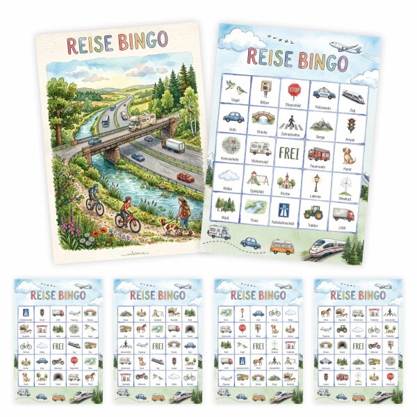 Reise Bingo – 10 Bingokarten für Kinder | Auto Suchspiel Reisespiel im DIN A6 Postkartenformat