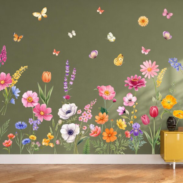 280 Wandtattoo Bunte Blumenwiese – Blumen, Schmetterlinge & Blüten – Wanddeko in 6 Größen