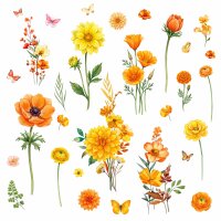 285 Wandtattoo Blumen Gelb & Orange Schmetterlinge -...